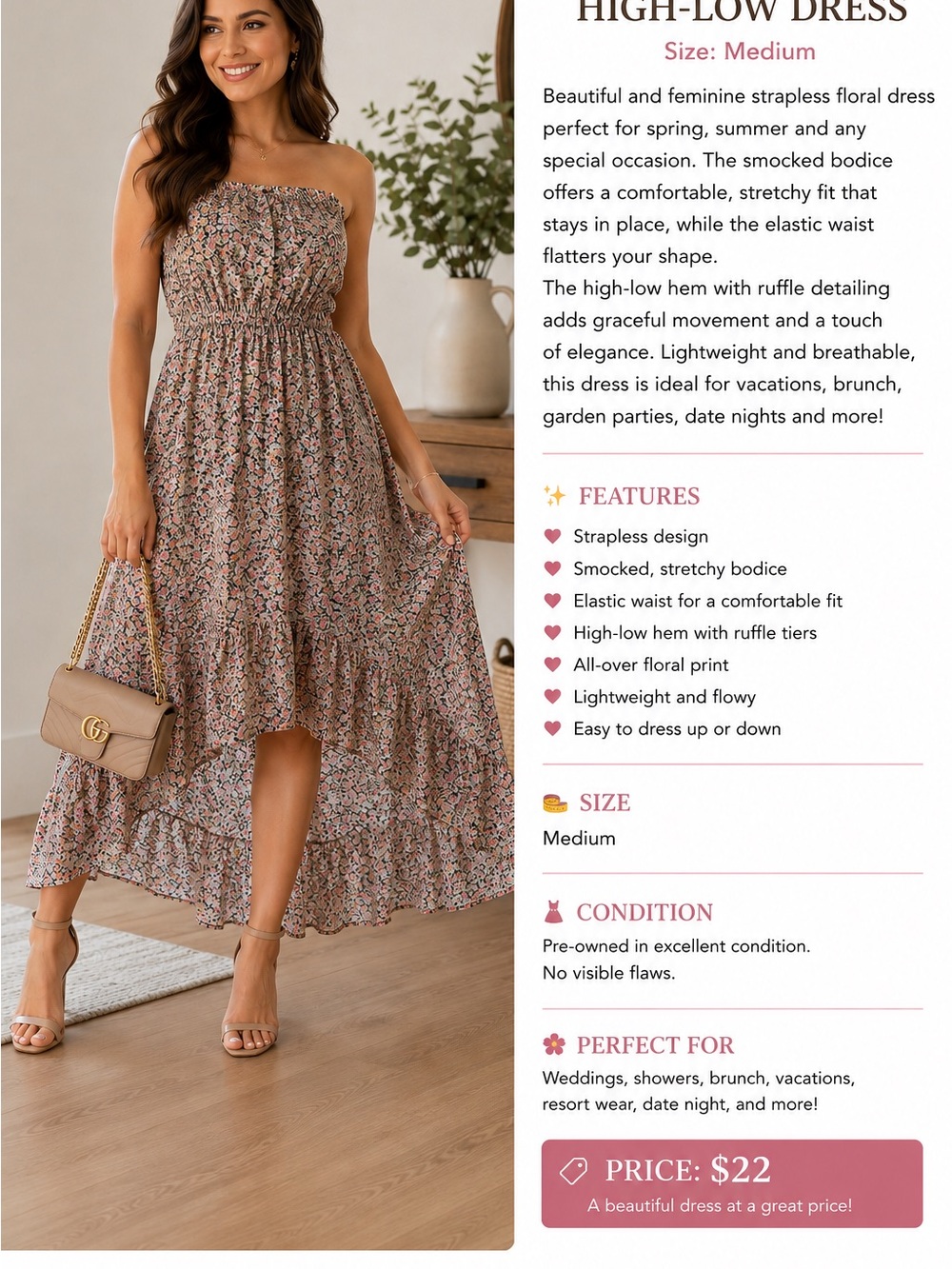 Source Unknown Strapless Asymmetrical Floral High-Low Dress - Pink, Brown